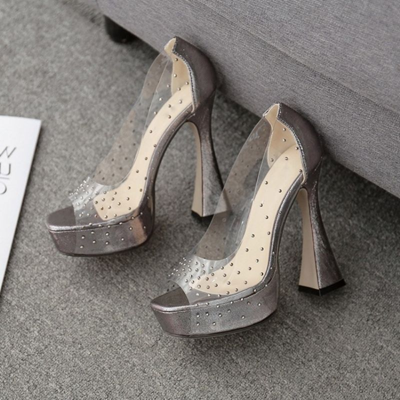 Rhinestone Peep Toe Chunky Heel Casual Pumps