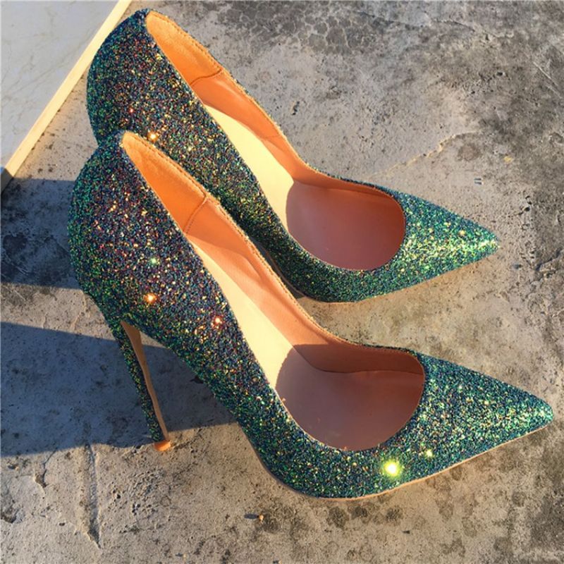 Sequin Spidse Tå Slip-On Farveblok Tynde Sko