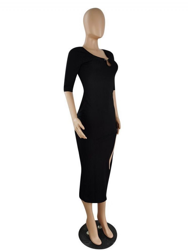 Split Halværmet Mid-Calf Plain Bodycon Kjole