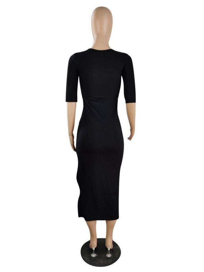 Split Halværmet Mid-Calf Plain Bodycon Kjole