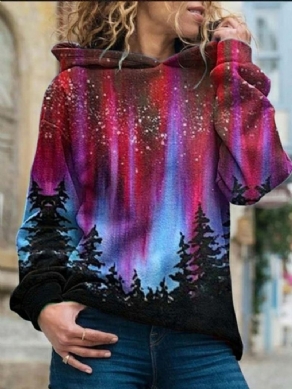 Galaxy Print Almindelig Fleece Standard Hættetrøje Til Kvinder