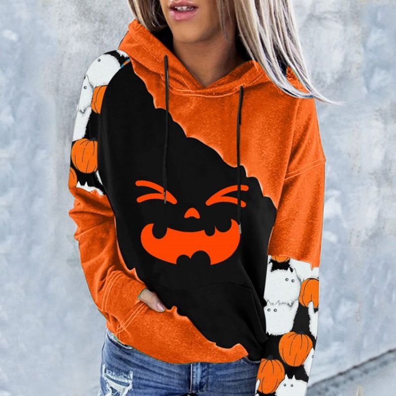 Halloween Farveblok Print Raglan Ærmet Vinter Langærmet Hættetrøje