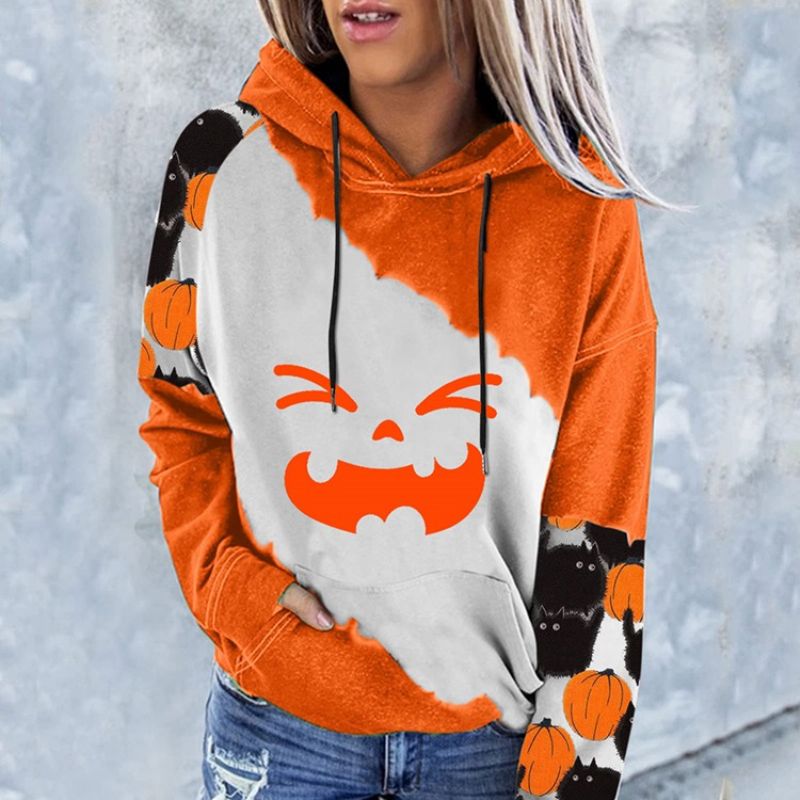 Halloween Farveblok Print Raglan Ærmet Vinter Langærmet Hættetrøje