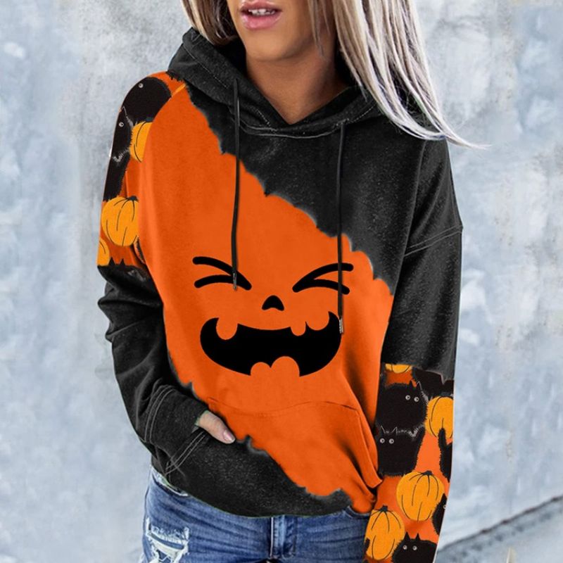 Halloween Farveblok Print Raglan Ærmet Vinter Langærmet Hættetrøje