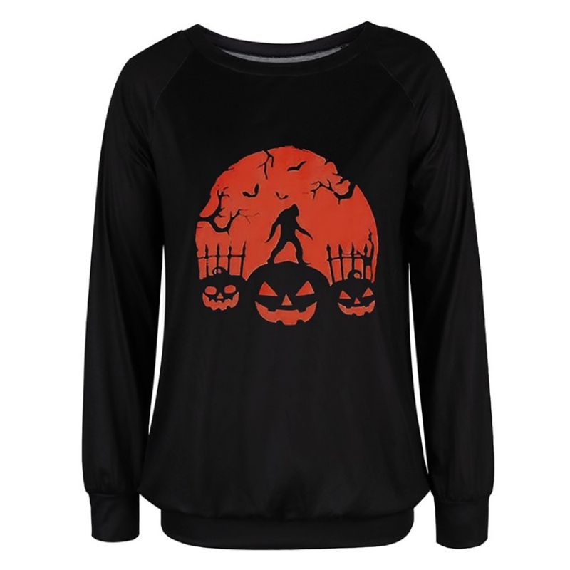 Halloween Print Kraniet Raglan Ærmer Rund Hals Langærmet Hættetrøje