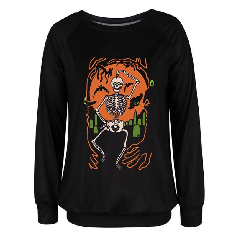 Halloween Print Kraniet Raglan Ærmer Rund Hals Langærmet Hættetrøje