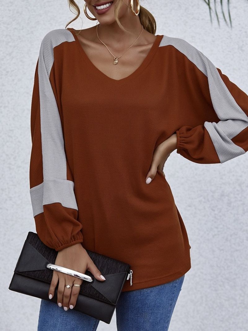 Color Block V-Hals Mid-Length Fall Western T-Shirt Til Kvinder