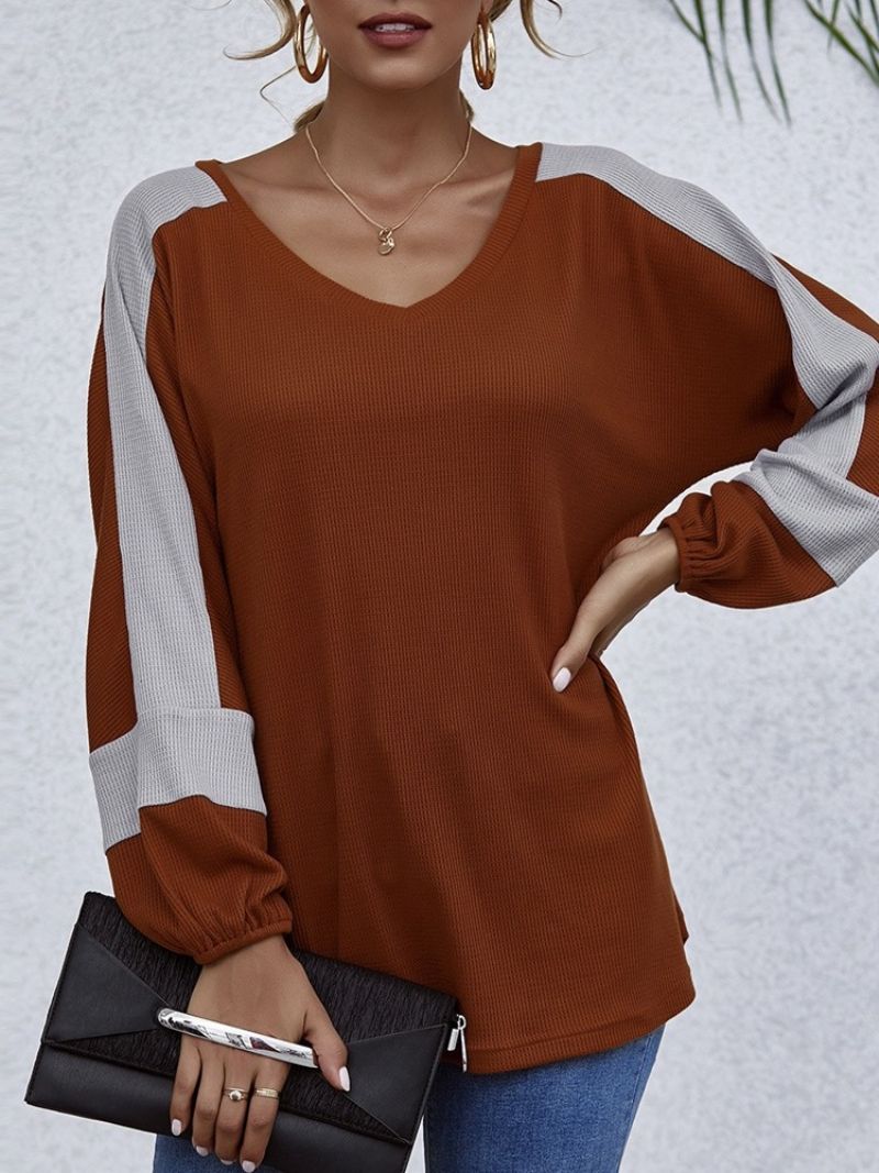 Color Block V-Hals Mid-Length Fall Western T-Shirt Til Kvinder