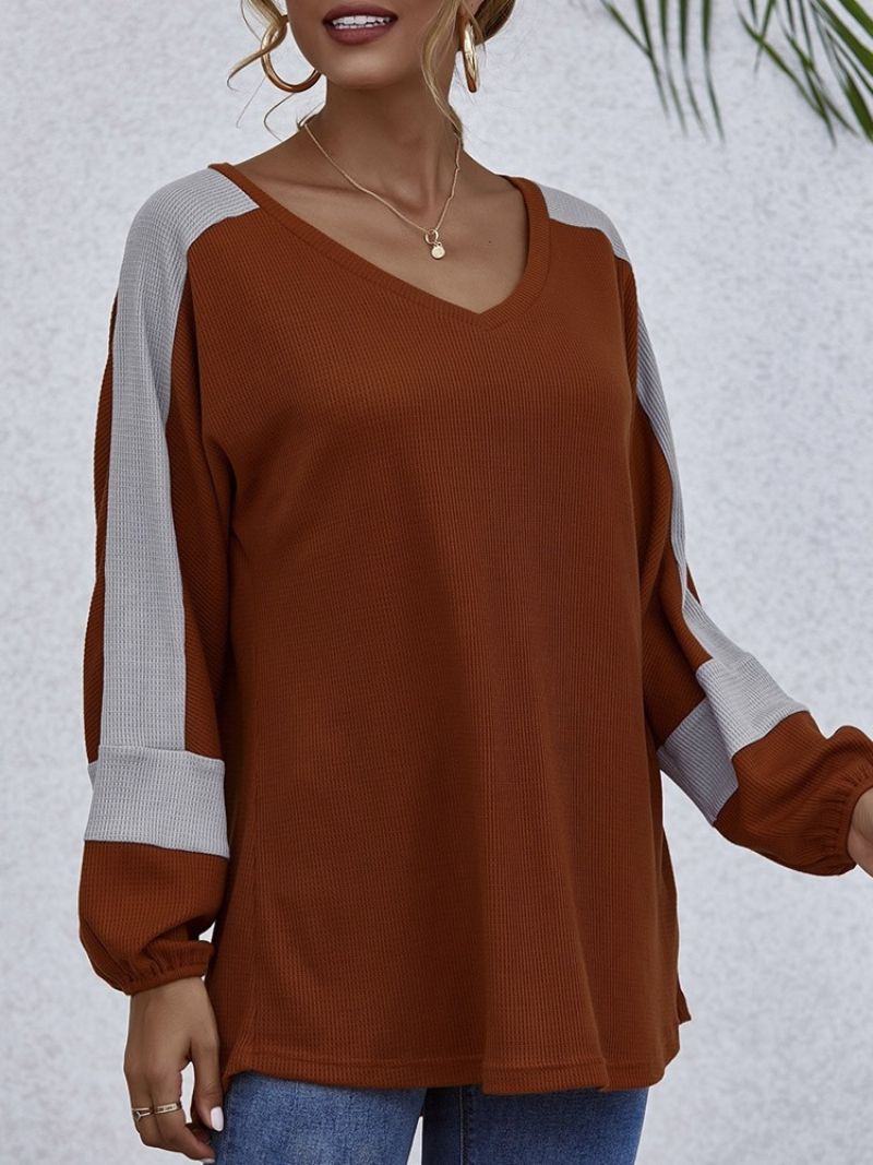 Color Block V-Hals Mid-Length Fall Western T-Shirt Til Kvinder