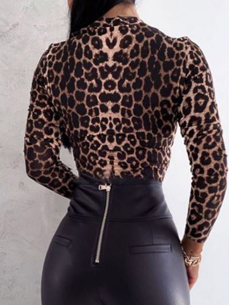 Nine Points Sleeve Standard Leopard Slim Fall T-Shirt Til Kvinder