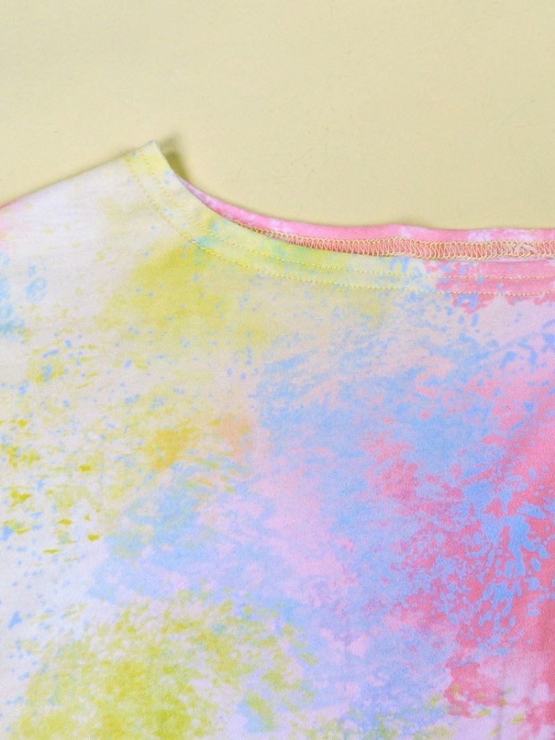 Tie Dye Langærmet Mellemlang Skrå Krave Løs Sommer T-Shirt