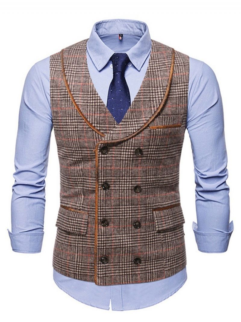 Lapel Pocket Plaid Fall Dobbeltradet Vest