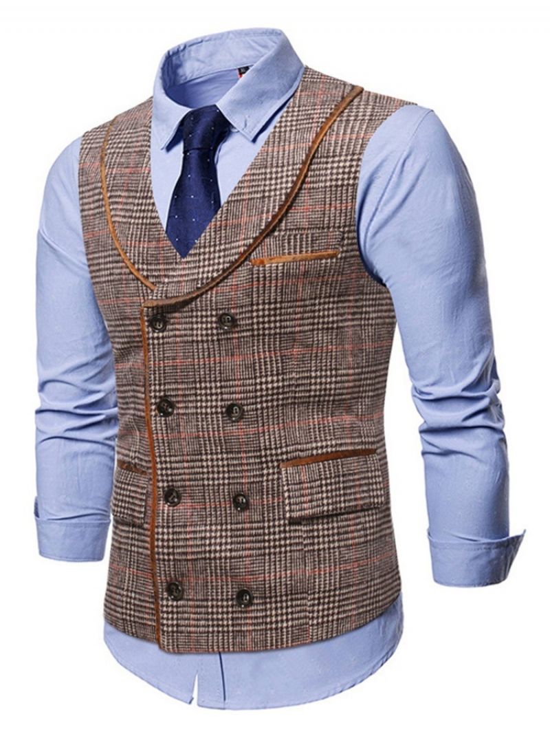 Lapel Pocket Plaid Fall Dobbeltradet Vest