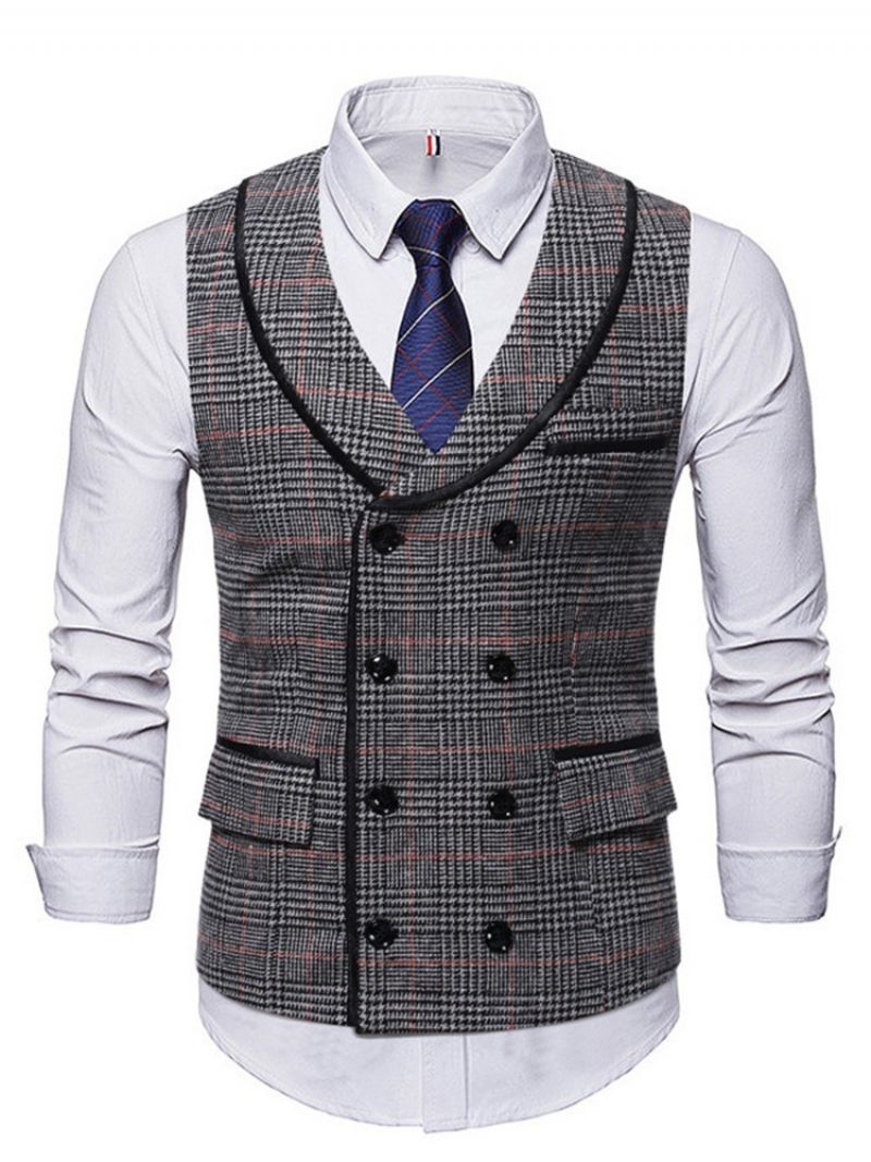 Lapel Pocket Plaid Fall Dobbeltradet Vest