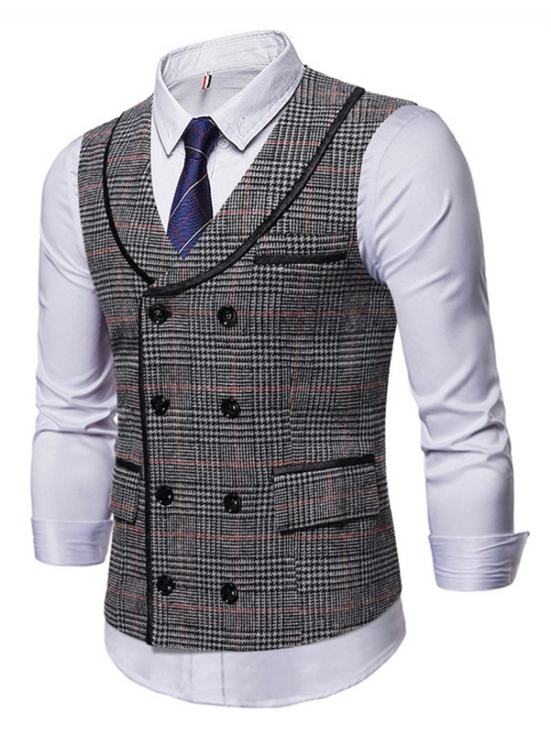 Lapel Pocket Plaid Fall Dobbeltradet Vest