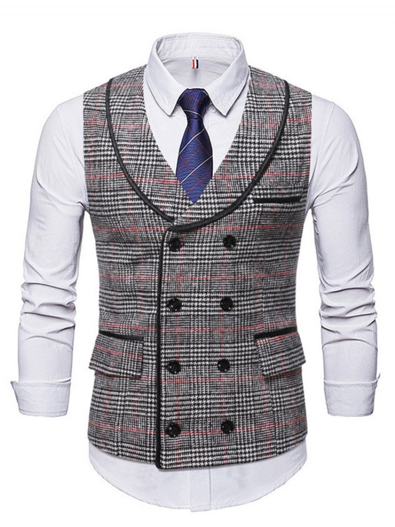 Lapel Pocket Plaid Fall Dobbeltradet Vest