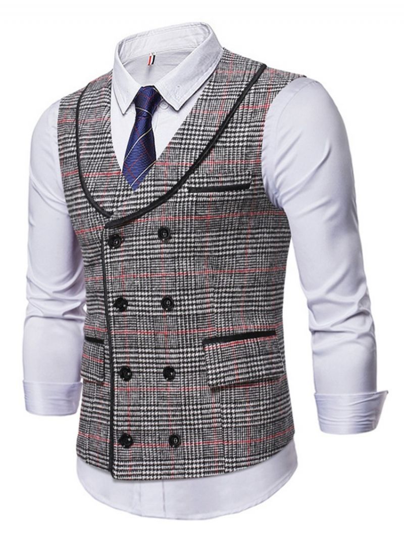 Lapel Pocket Plaid Fall Dobbeltradet Vest