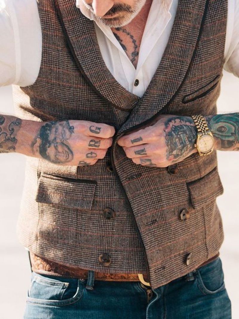 Lapel Pocket Plaid Fall Dobbeltradet Vest