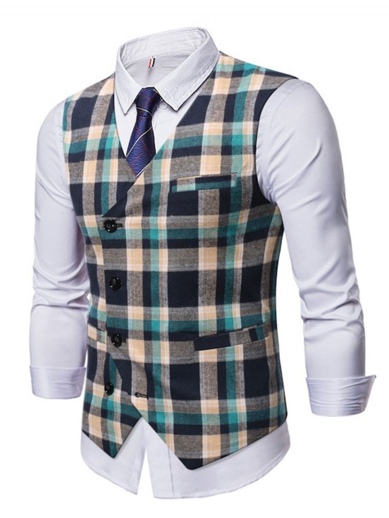 Plaid V-Hals Enkeltradet Vintage Vest