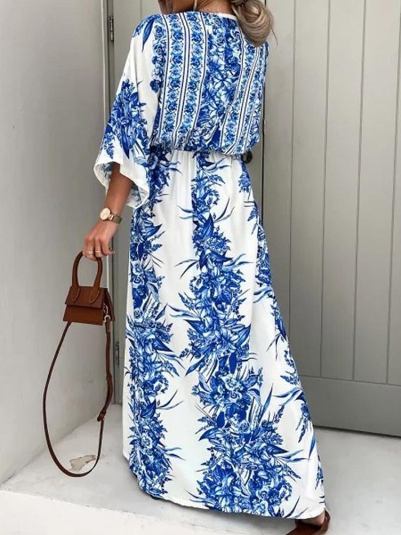 Gulvlængde Print V-Hals Sommer Mid Waist Maxi Kjole