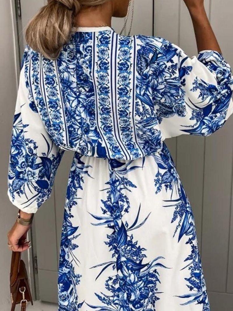 Gulvlængde Print V-Hals Sommer Mid Waist Maxi Kjole