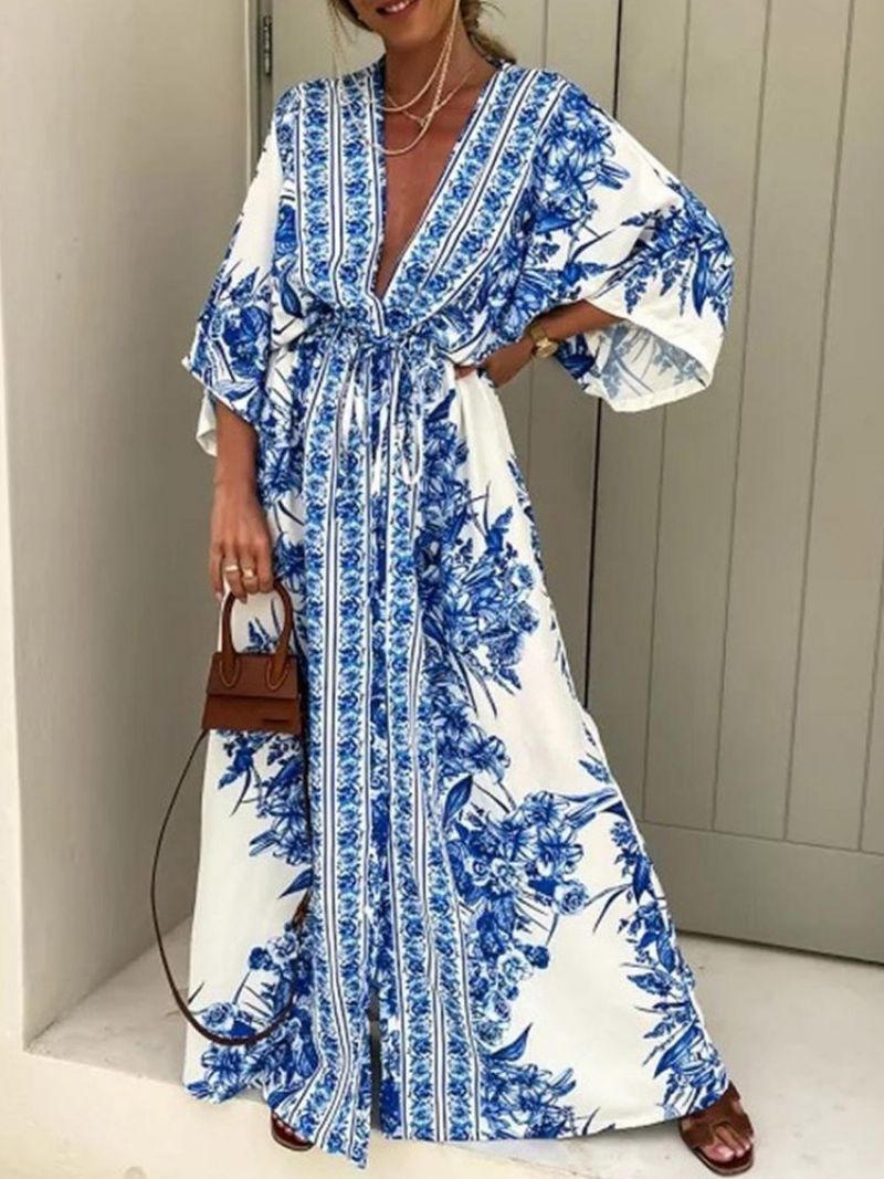 Gulvlængde Print V-Hals Sommer Mid Waist Maxi Kjole