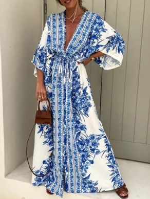 Gulvlængde Print V-Hals Sommer Mid Waist Maxi Kjole