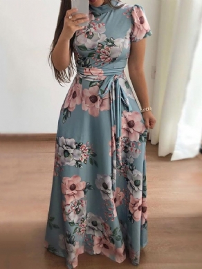 Kortærmet Print Gulv-Længde Mode Floral Maxi Kjole