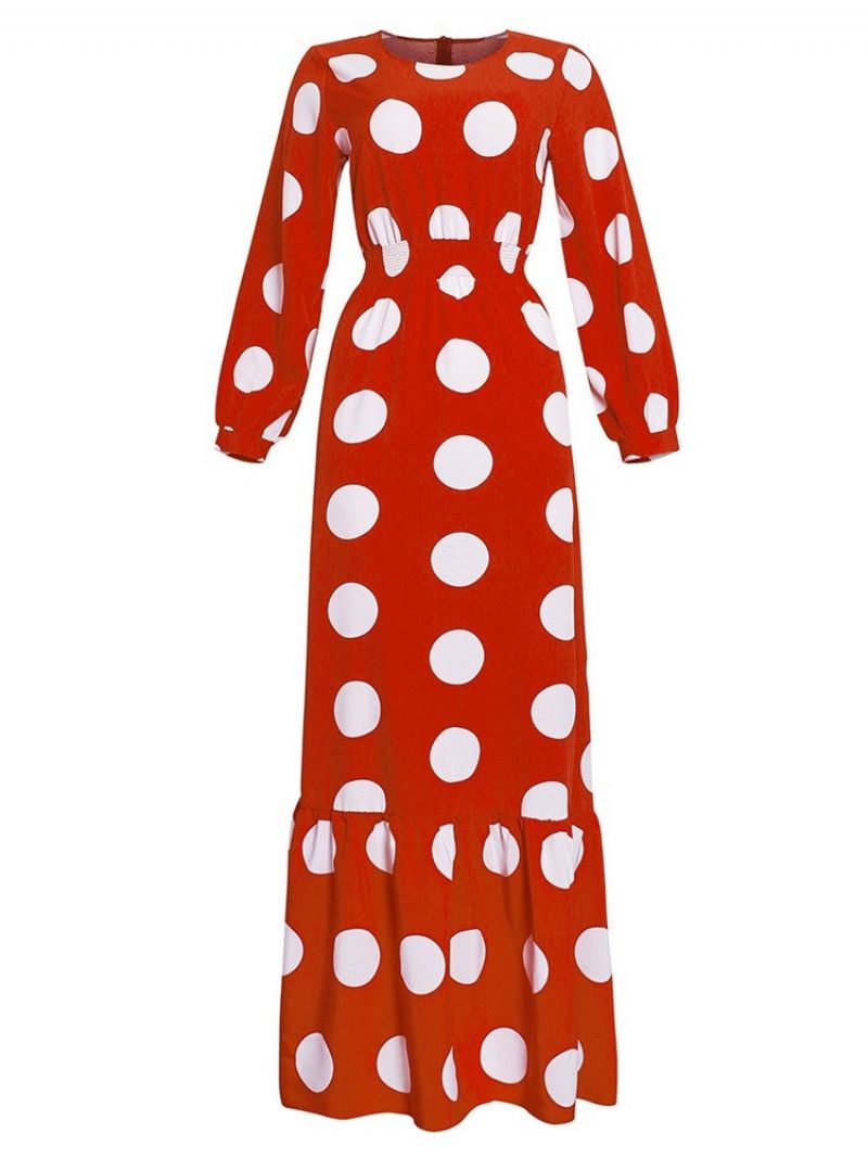 Langærmet Gulvlængde Rund Hals Polka Dots Mode Maxi Kjole