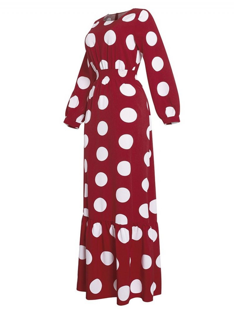 Langærmet Gulvlængde Rund Hals Polka Dots Mode Maxi Kjole