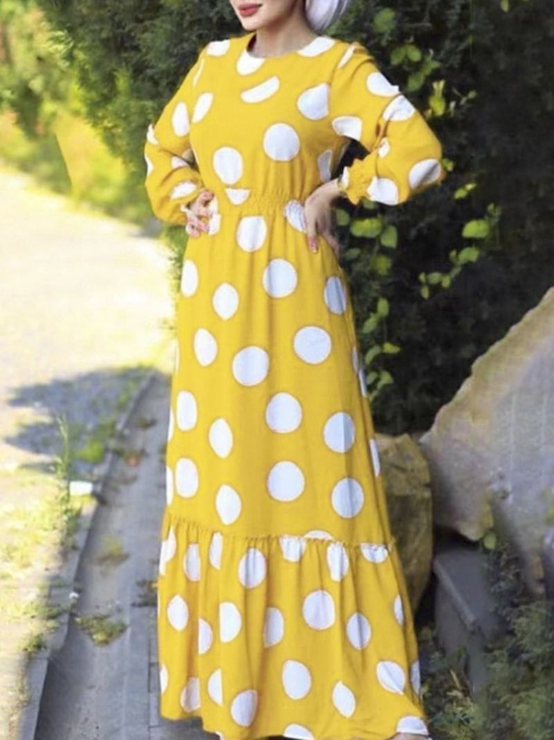 Langærmet Gulvlængde Rund Hals Polka Dots Mode Maxi Kjole