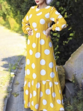 Langærmet Gulvlængde Rund Hals Polka Dots Mode Maxi Kjole