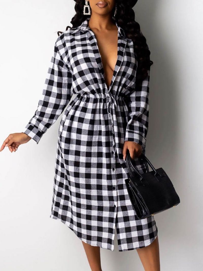 Langærmet Revers Mid-Calf Plaid Date Night Going Out kjole