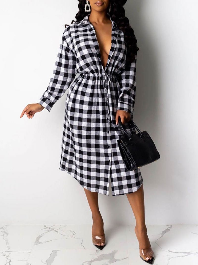 Langærmet Revers Mid-Calf Plaid Date Night Going Out kjole