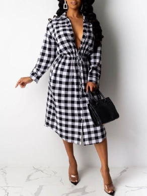 Langærmet Revers Mid-Calf Plaid Date Night Going Out kjole