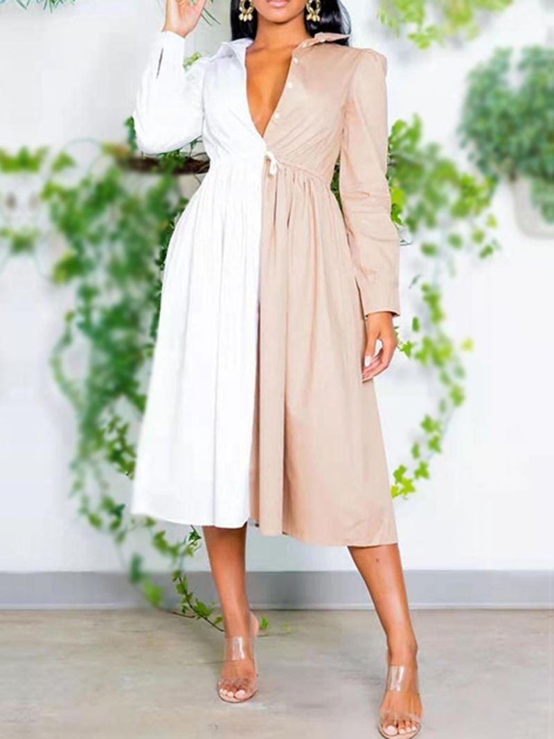 Mid-Calf Button Lapel Sommer A-Line Kjole