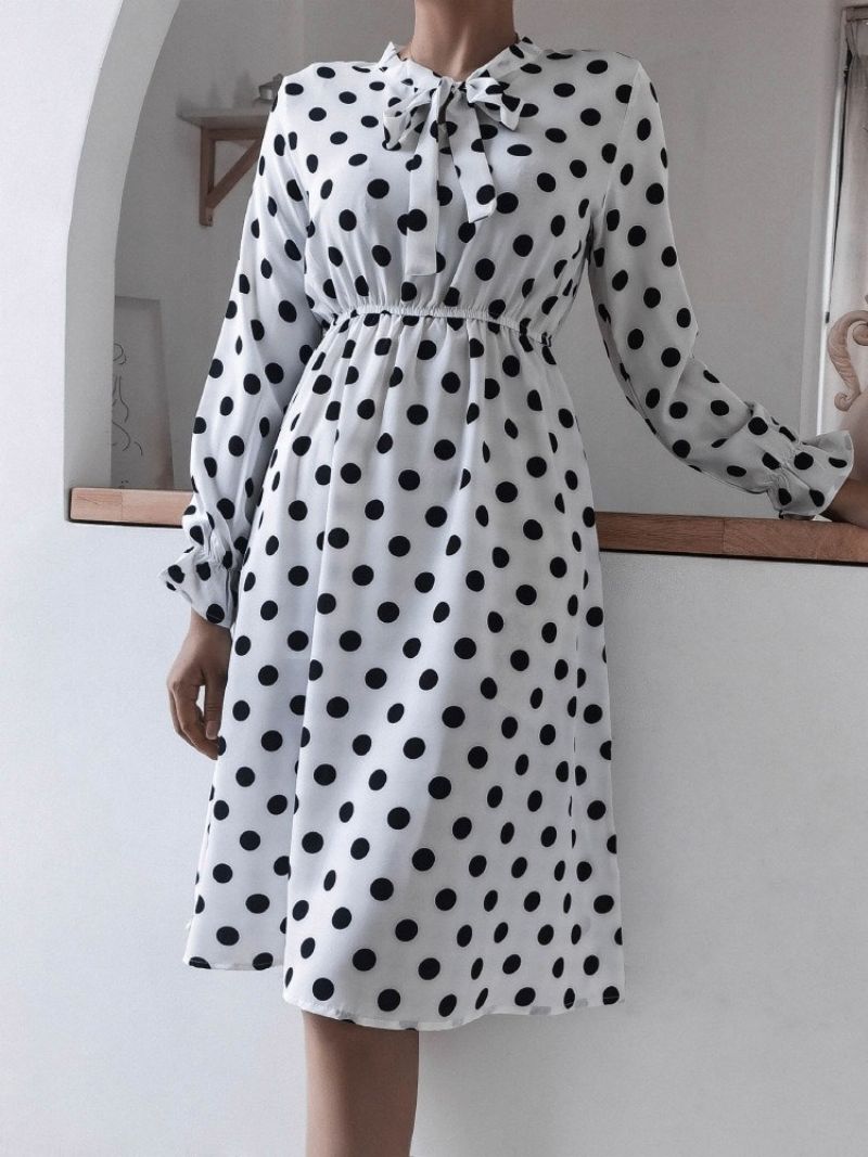 Mid-Calf Patchwork Sløjfekrave A-Line Polka Dots Damekjole