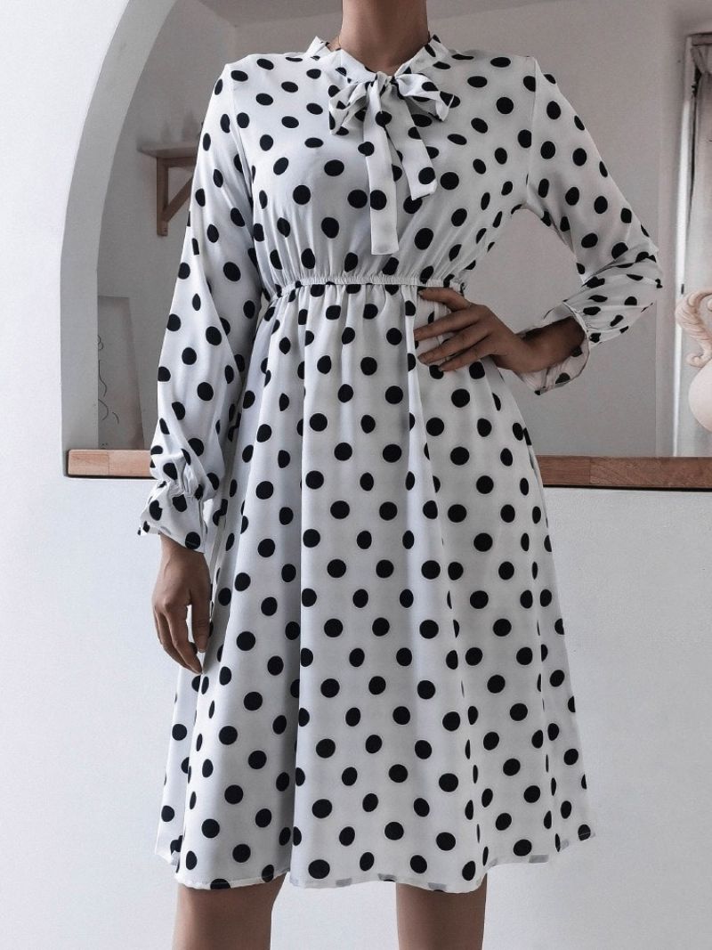 Mid-Calf Patchwork Sløjfekrave A-Line Polka Dots Damekjole