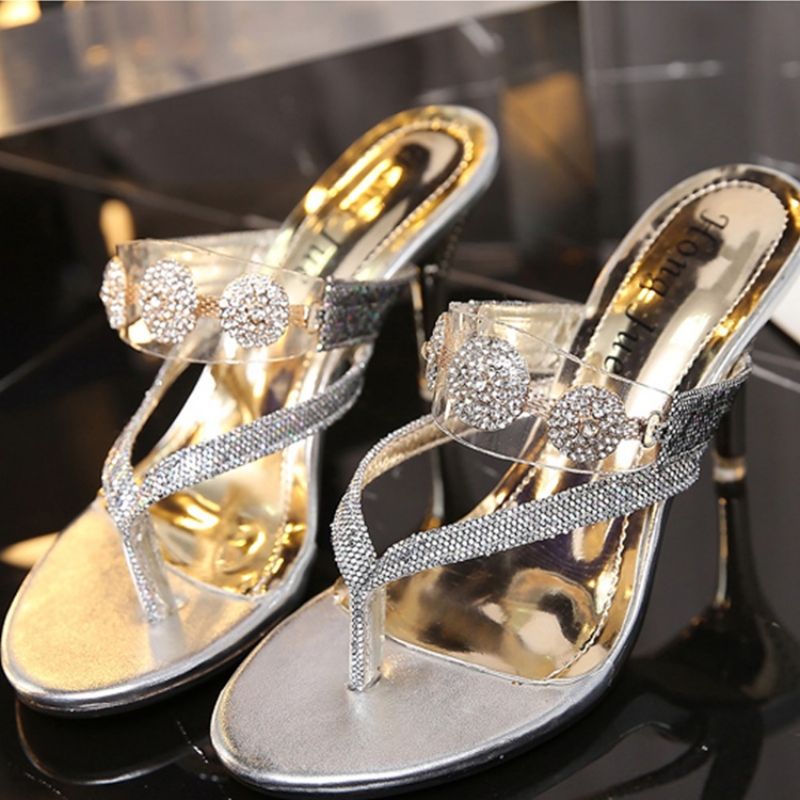 Rhinestone & Sequin Thong Slip-On Stiletto Heel Mules Sko