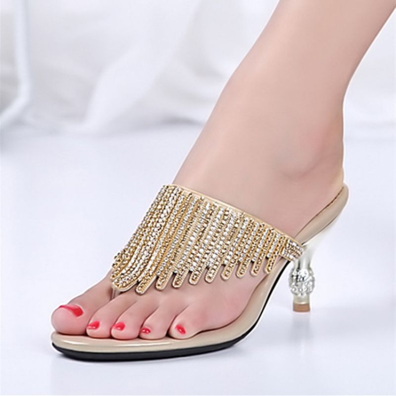 Rhinestone Thong Slip-On Spool Heel Mules Sko