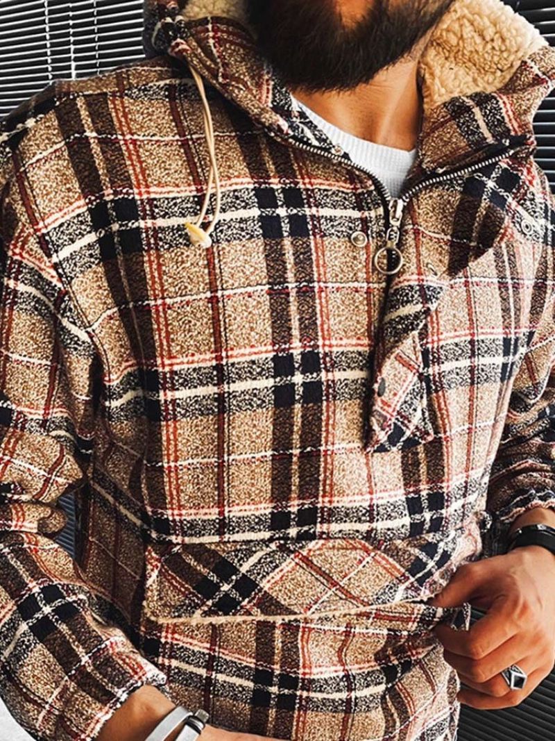 Fleece Plaid Pocket Loose Fall Hættetrøjer