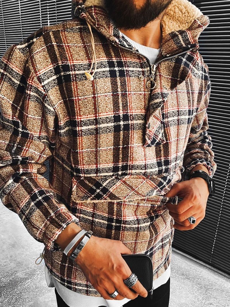 Fleece Plaid Pocket Loose Fall Hættetrøjer