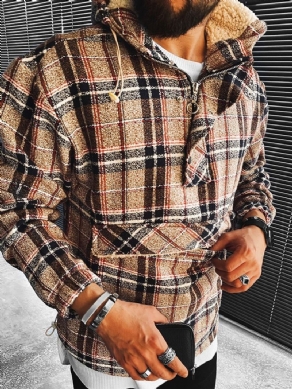 Fleece Plaid Pocket Loose Fall Hættetrøjer