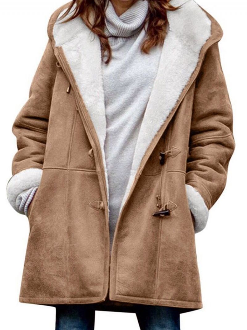 Loose Pocket Horn Button Fall Hooded Overcoat