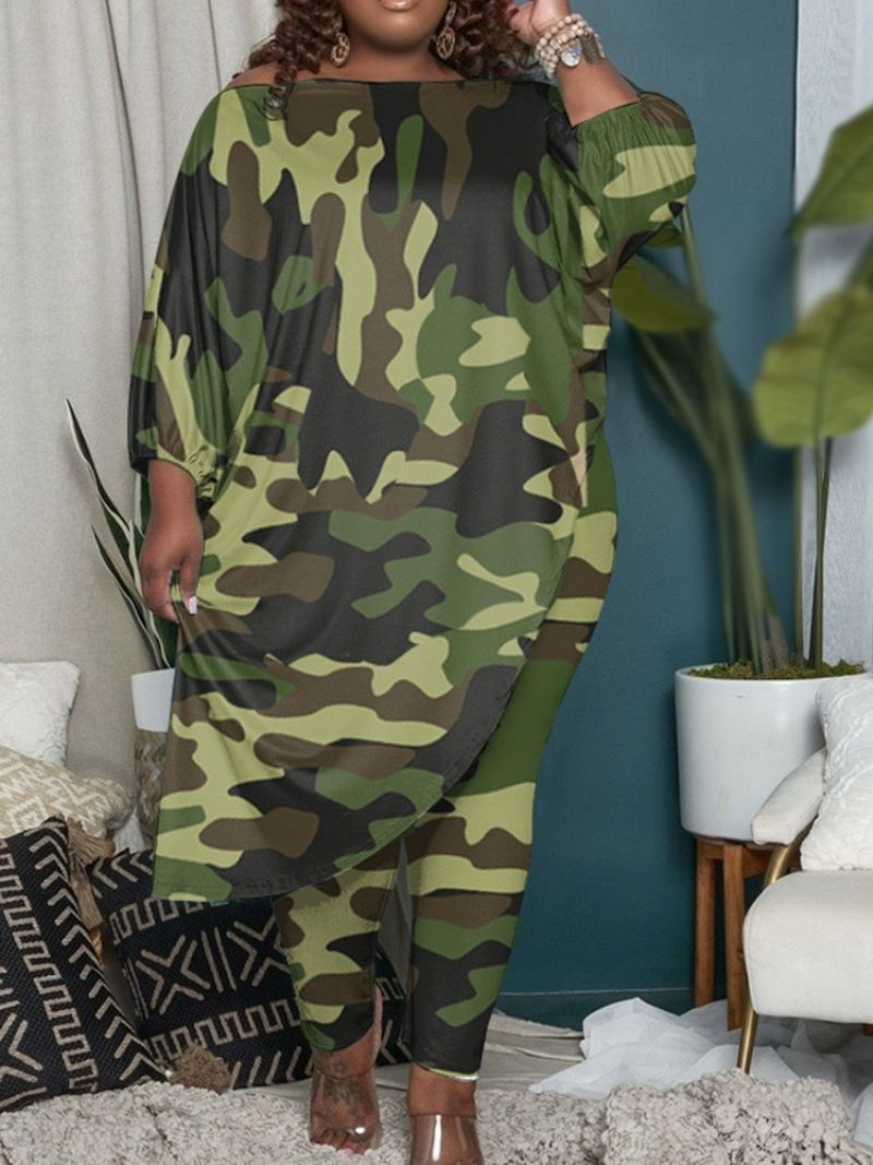 Camouflage Mode T-Shirt Pullover Off Shoulder To-Delt Sæt