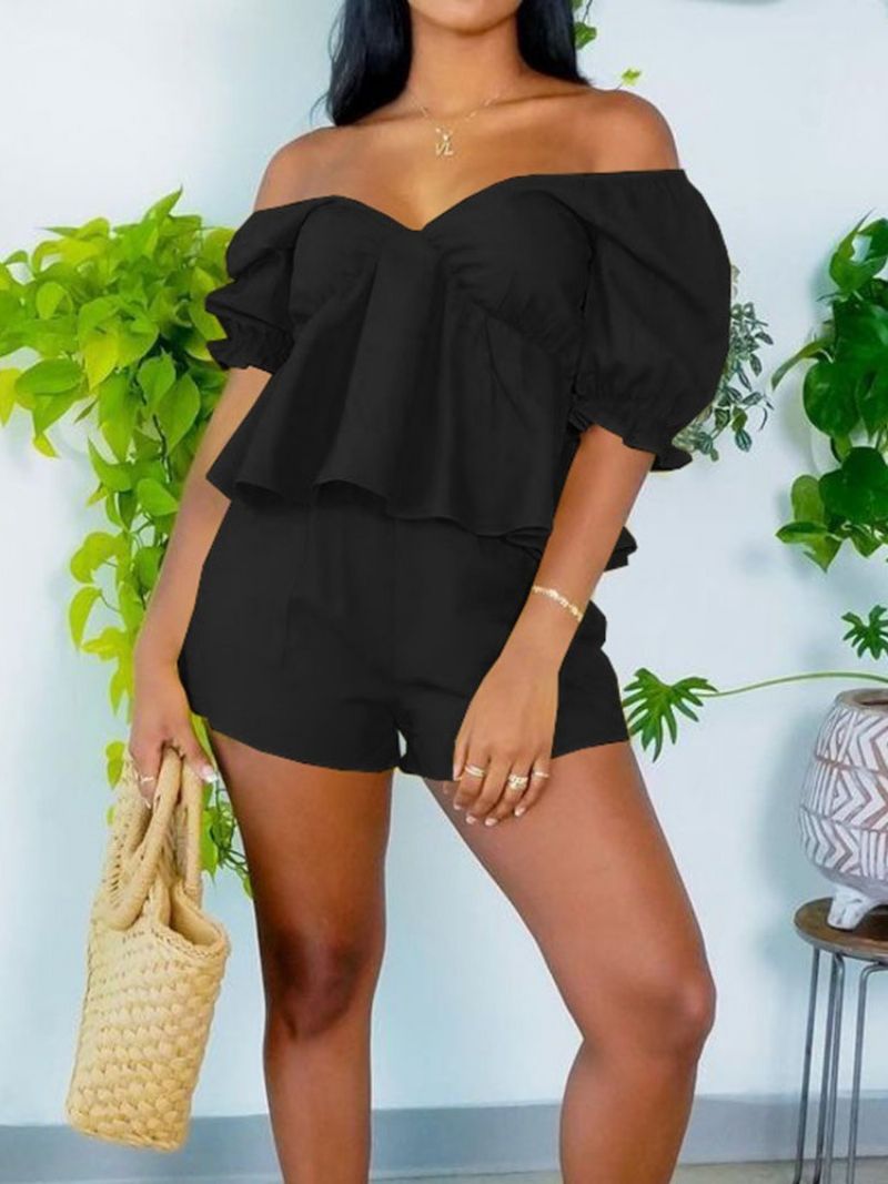 Ensfarvet Shorts Sexet Off Shoulder Pullover Kvinders Todelt Sæt