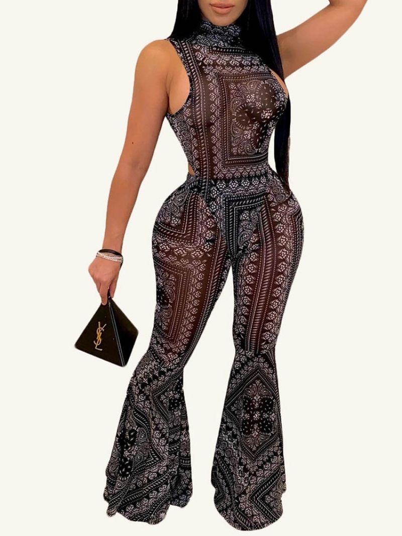 Print Western Jumpsuit Rullekrave Brede Ben Kvinders Todelt Sæt