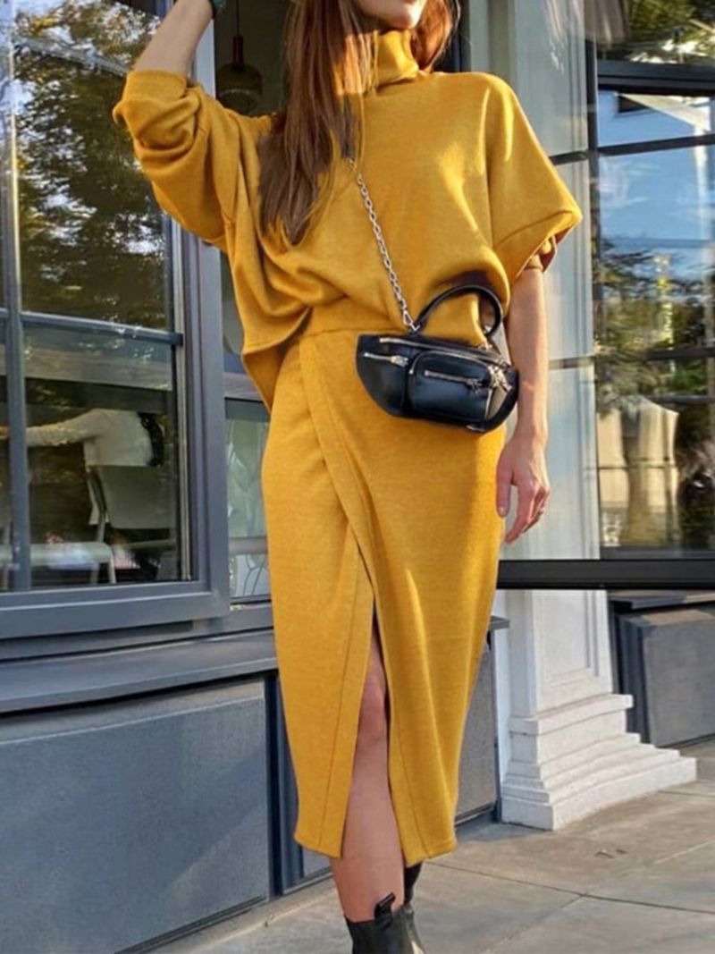 Sweet Split Plain Turtleneck Bodycon To-Delt Sæt