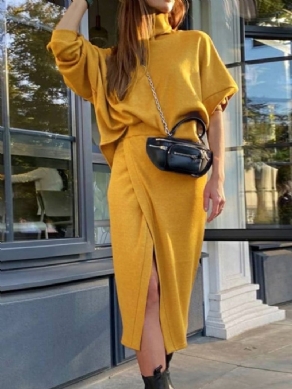 Sweet Split Plain Turtleneck Bodycon To-Delt Sæt