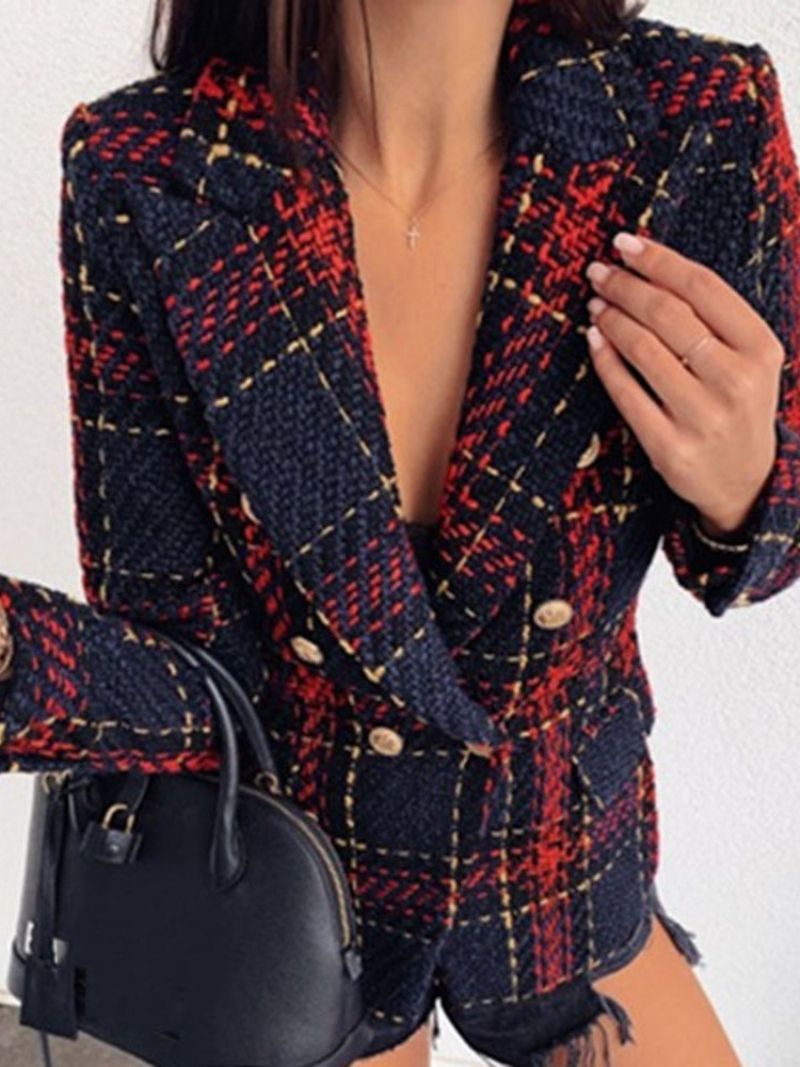 Langærmet Dobbeltradet Plaid Almindelig Mellemlængde Casual Blazer